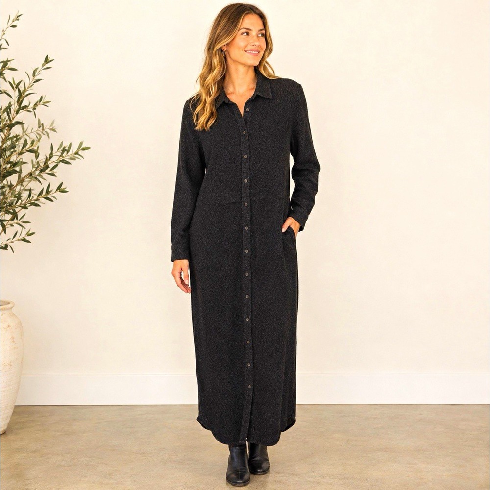 Faherty Dress Women's XL Long Sleeve Maxi Shirt Dress Black Gray Cotton Knit